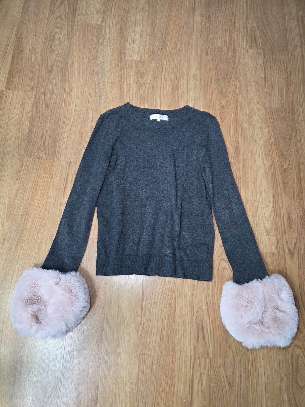 Milly Dark Gray Crewneck Sweater with Pink Faux Fur Cuffs